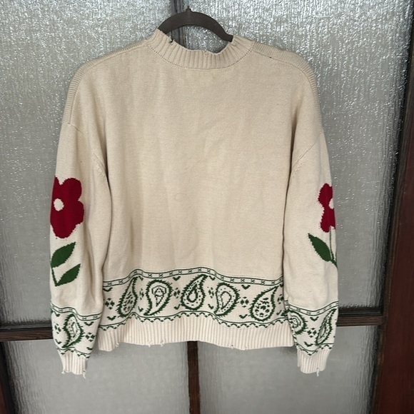 Free People Profound Floral Knit Paisley Distressed Sweater Ivory Size XS Y2K - Picture 8 of 10